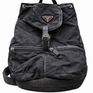 Vintage Prada Tessuto Nylon Vela Backpack Black Double Pocket Logo Plaque